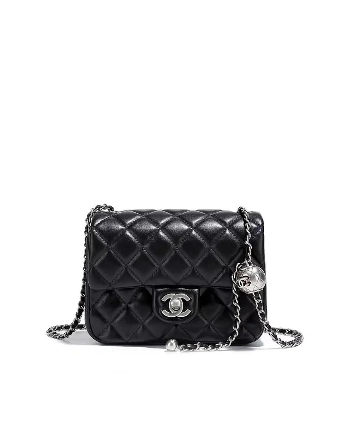 Shiny Lambskin Silver Ball Mini Flag Bag “Black”