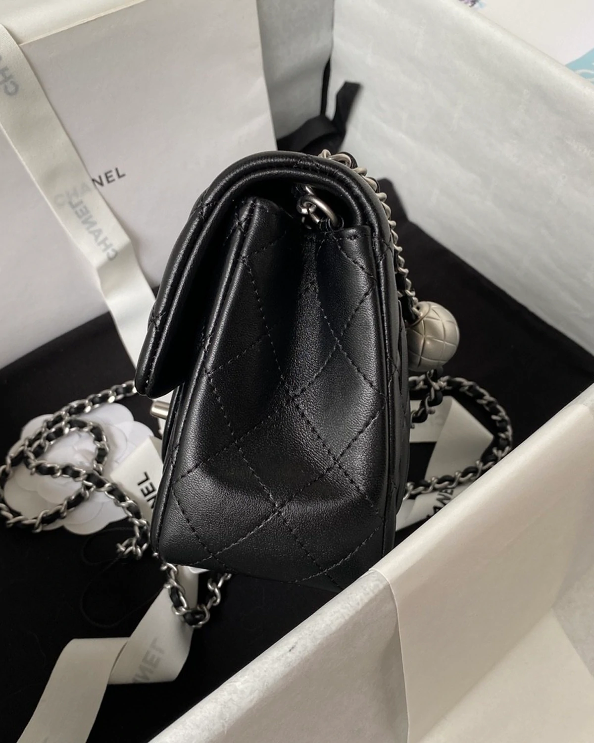 shiny-lambskin-silver-ball-mini-flag-bag-black (5) Shiny Lambskin Silver Ball Mini Flag Bag “Black”